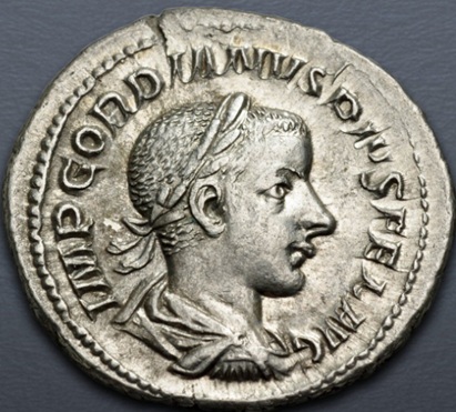Gordian III, mid 240 CE  (Rome mint - 1st officina - 7th emission - AR Denarius)